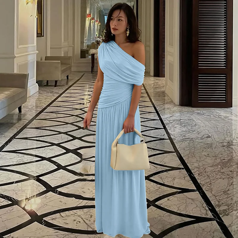 Hugcitar One Shoulder Ruched Sleeveless Solid Pleated Sexy Irregular Y2K Maxi Dress Summer Elegant Party Women Clothes Vacation
