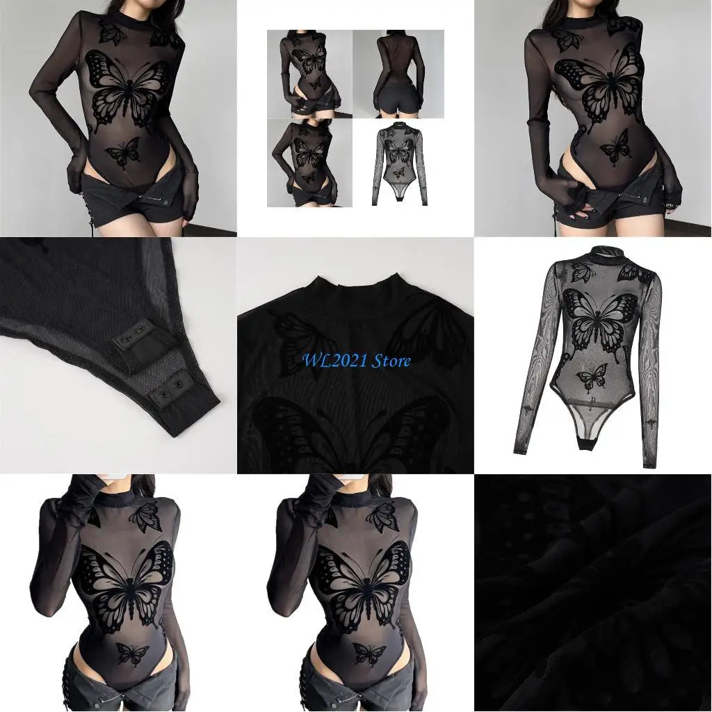 

G5GC See Through Mesh Bodysuit for Women Long Sleeve Butterfly Print Jumpsuit Leotard