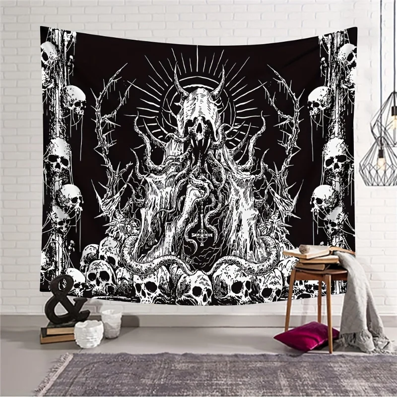 Ätherischer gotischer Totenkopf, gehörntes Biest, Wandteppich, dunkle Fantasiekunst für Schlafzimmer, Wohnzimmer, Dekoration