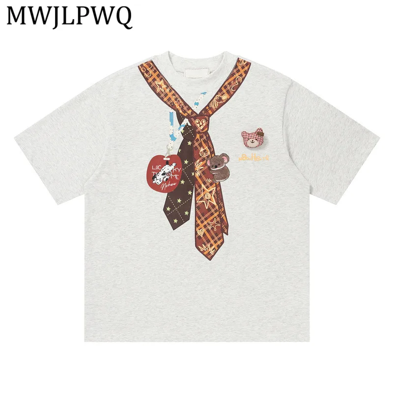 

MWJLPWQ American Retro Graffiti Tie Short-Sleeve T-Shirt For Men Women Summer Ins Loose Fit Round Collar Chic Cotton Tops 16545