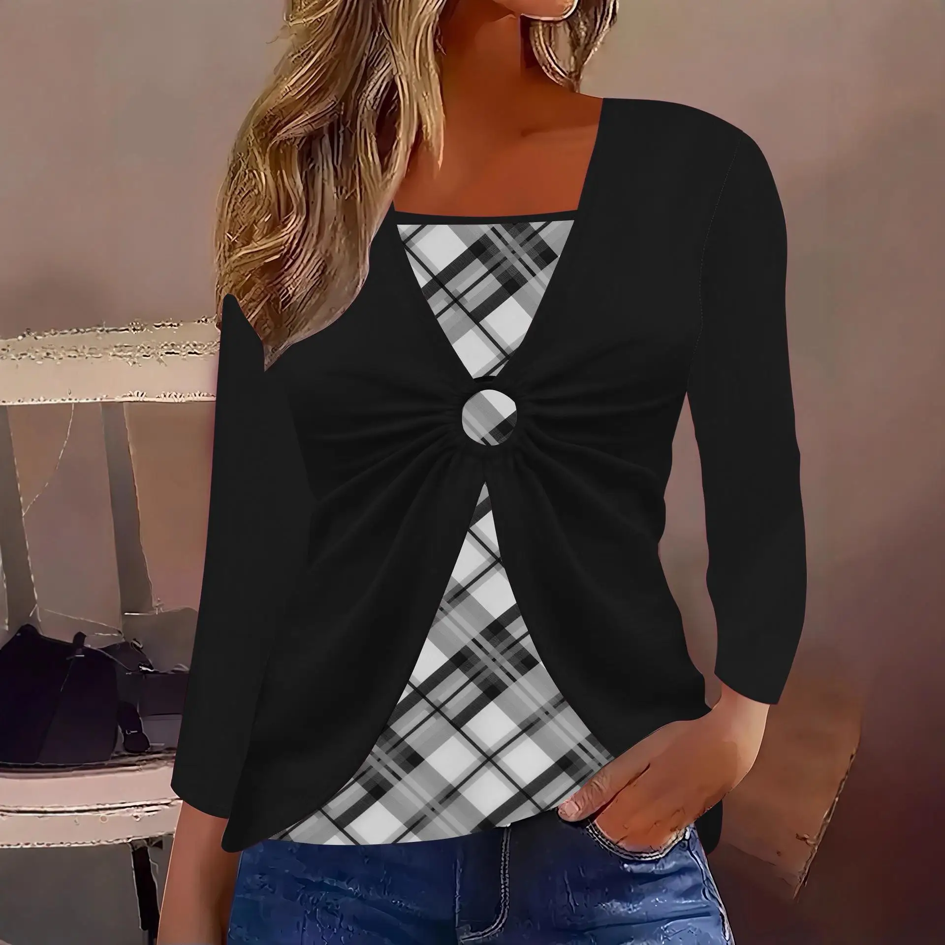 T-shirt Long Sve imprimé à carreaux pour femmes, grande taille, Faion automne 2025 Mo, deux pièces, coupe confortable, Ci Walk