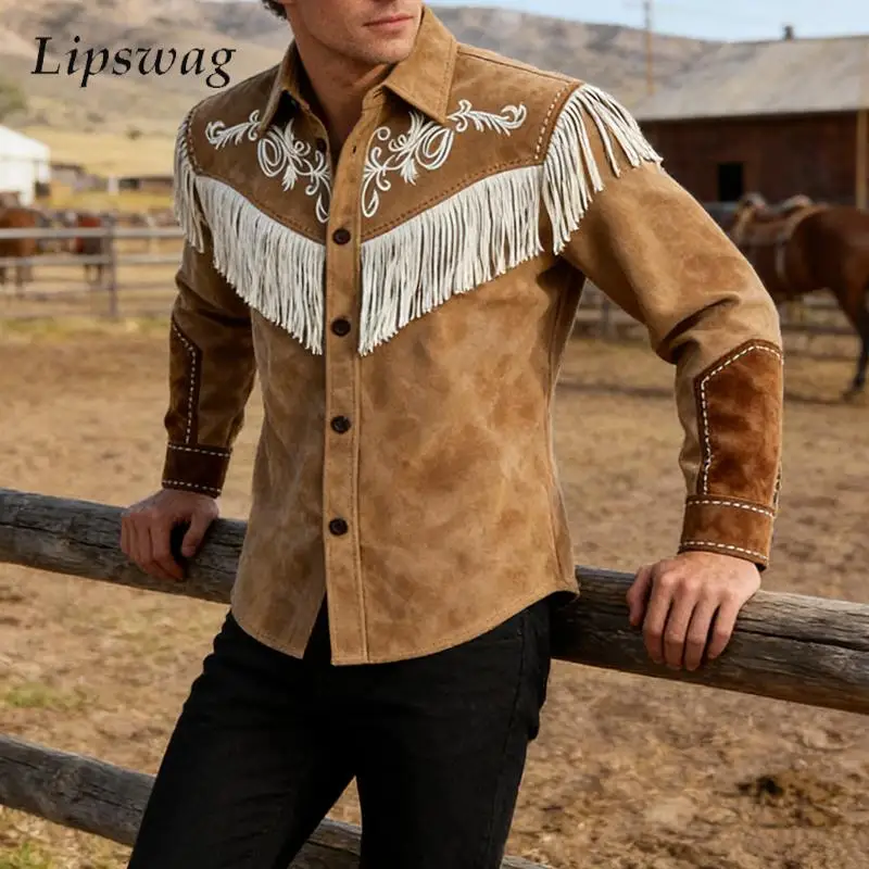

Spring Vintage Suede Shirt Jacket Men Classic Cowboy Style Tassel Design Long Sleeve Patchwork Cardigan Tops Men Vintage Shirts