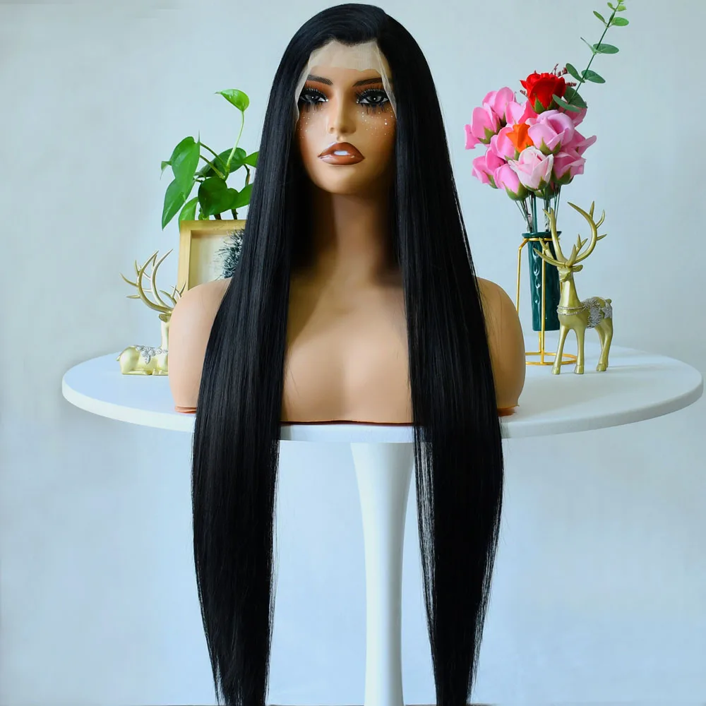 Длинный прямой черный парик фронта шнурка Натуральный черный HD Предварительно выщипанный 30-дюймовый 13x4 Синтетический парик фронтальной части шнурка для женщин Бесклеевой