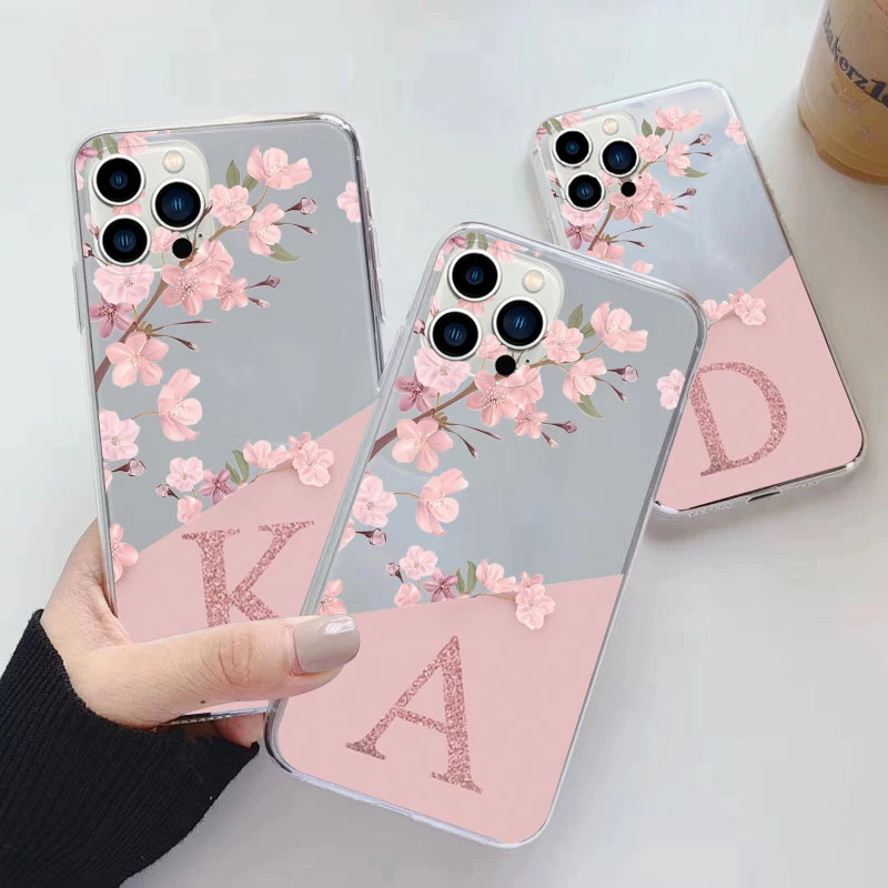 Etui na iPhone 13 Pro Max 13 z motywem kwiatów, przezroczyste, miękkie silikonowe pokrowce na iPhone 13, etui z alfabetem, przezroczyste etui.