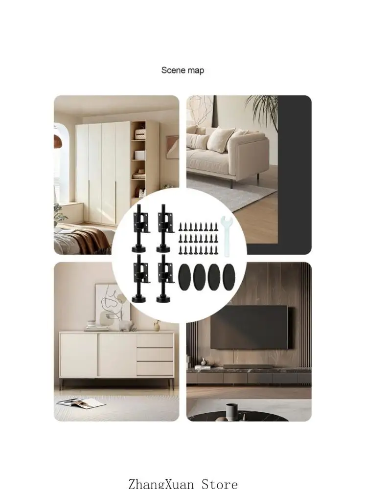 Steel Furniture Leveling Hardware with Adjustable Support Feet, Four-Hole Mounting Plates, and Slip-Reducing Bases 3XUF