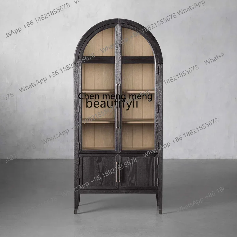 

xzArched Bookcase French Retro Glass Door Storage Dining Side Wine Cabinet Black Mid-Ancient Bookshelf