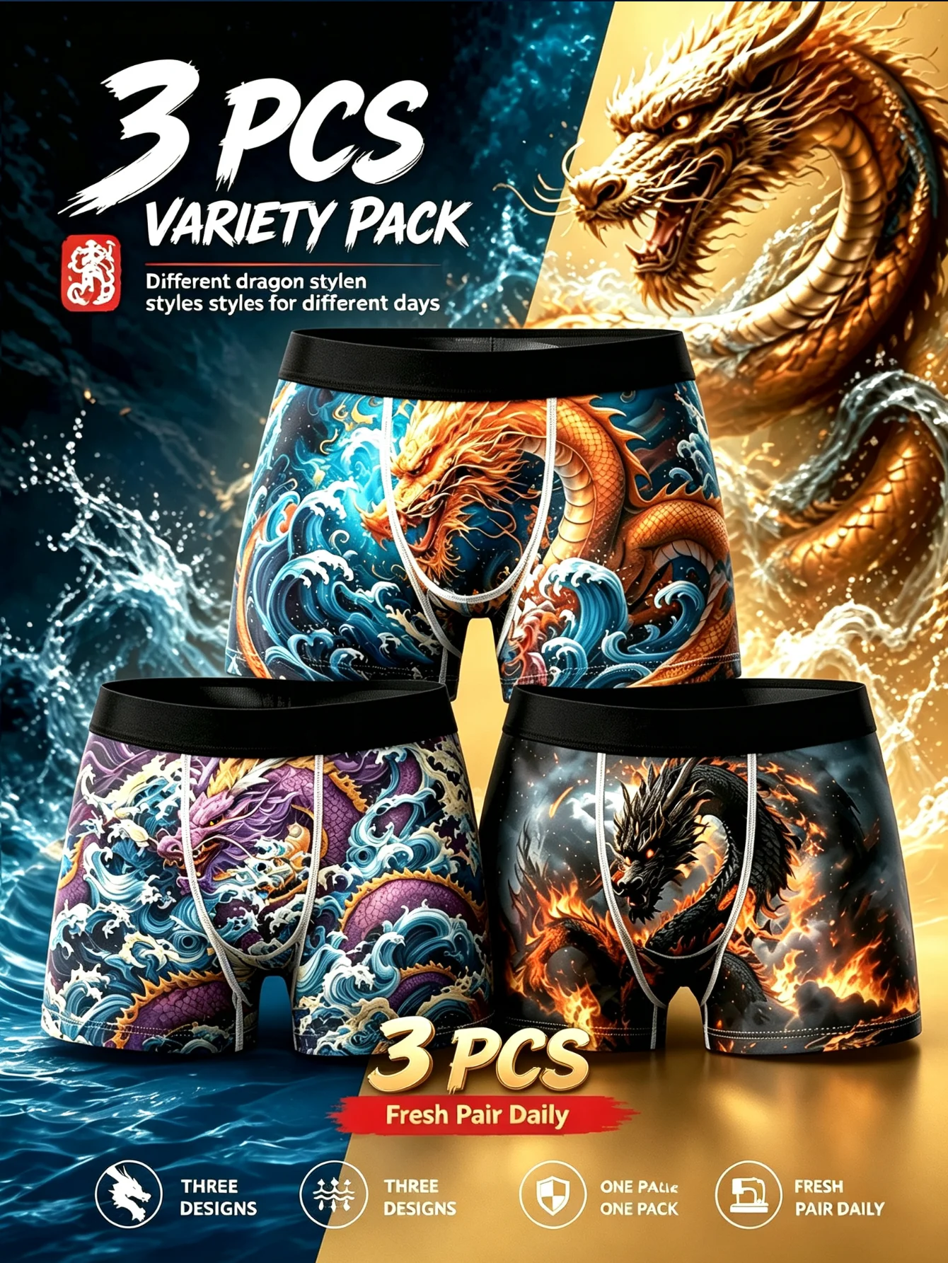 1. `3Pcs Men Boxer Briefs Chinese Dragon Ocean Wave Print Underwear 4 Way Stretch Breathable Soft Male Boxer Shorts`