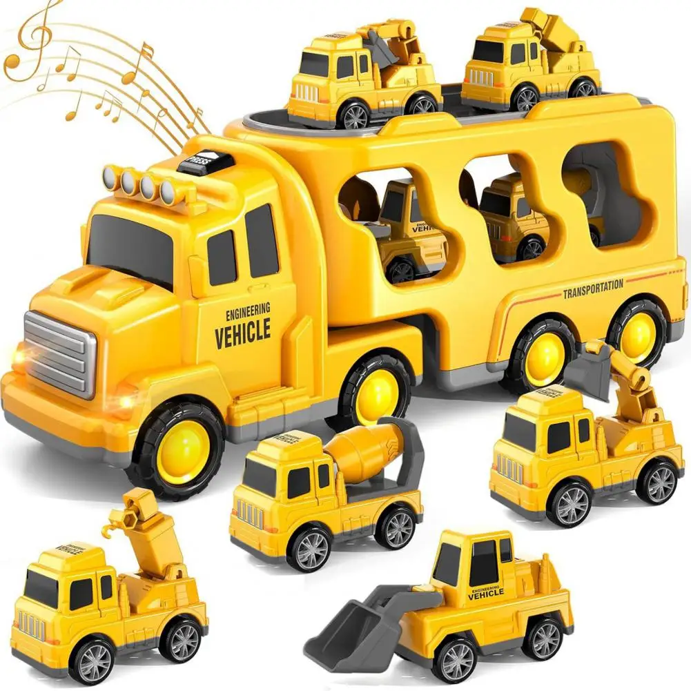 Educational Truck Toy Double Layers Drive Construction Vehicle Toy with Music Light Movable Joints Pull Back Cars Funny for Boys