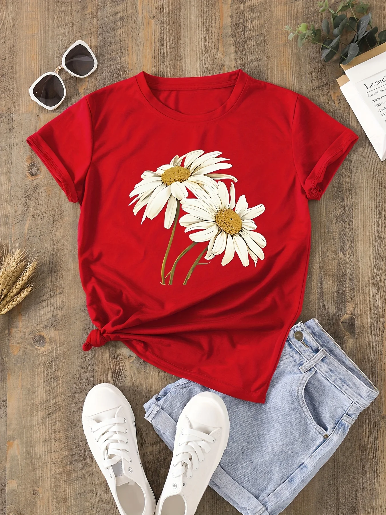 Daisy Print Women's T-Shirt - Bohemian Floral Print Casual Summer Top Women Clothing Fashion Graphic T Shirts Summer Streetwear