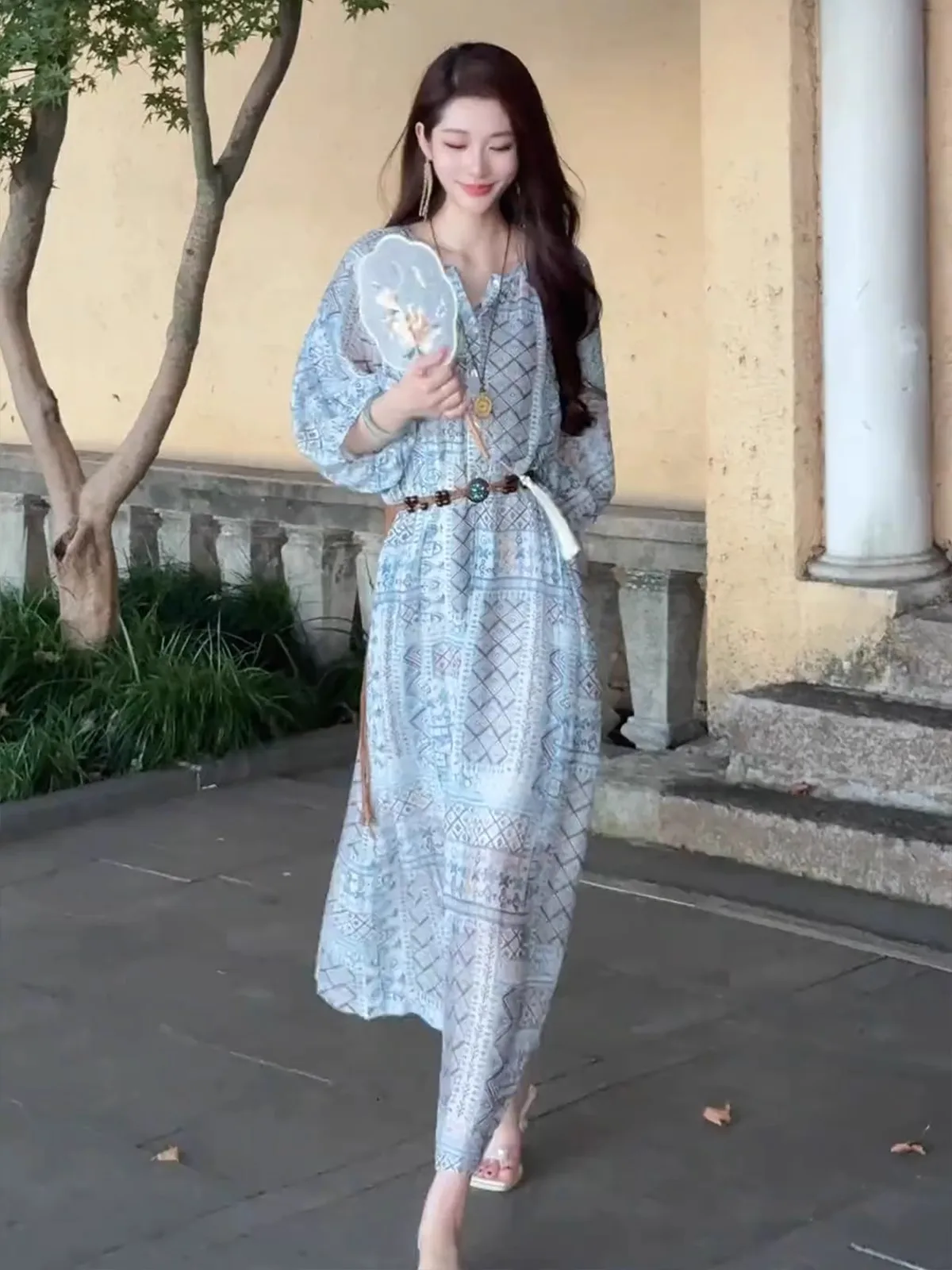 Floral Print Slimming Long Dr Women's Spring Summer New Sle Comfortable A-Line Midi Dr V-Ne Svel Tea Break De...