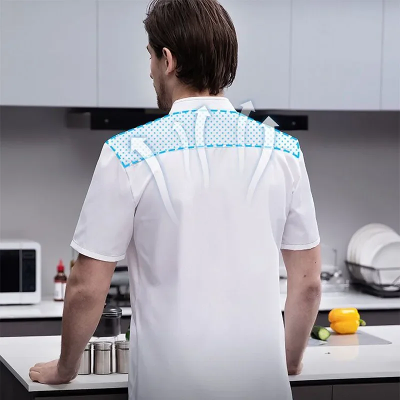 Men Chef Short Sleeve Uniform Kitchen Shirt Restaurant Cooking Coat  Bakery Breathable Cook Jackets Food Catering Cafe Workwear