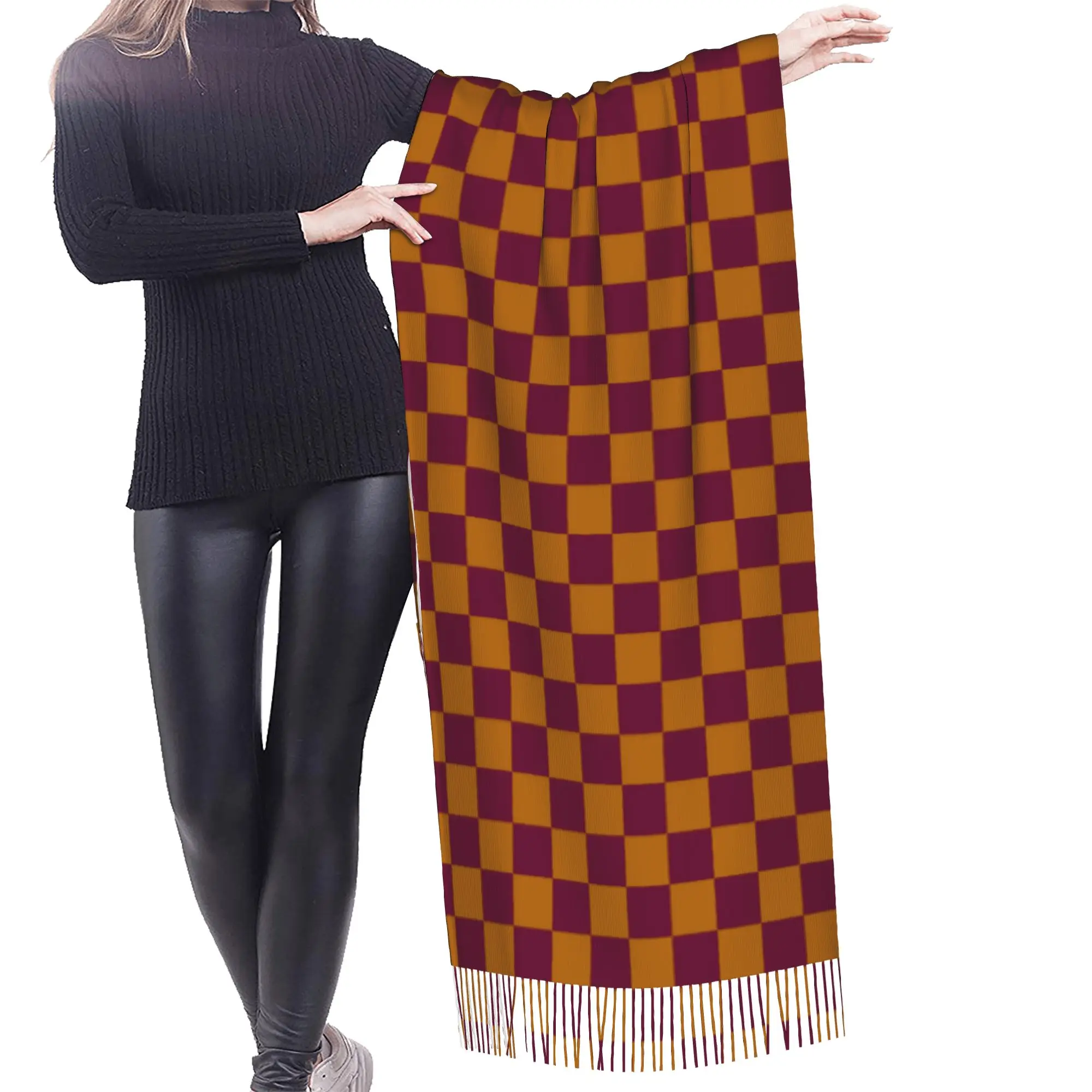 Custom Burgundy And Orange Squares Checkerboard Pattern Tassel Scarf Women Soft  Shawl Wrap Female Winter Fall Scarves