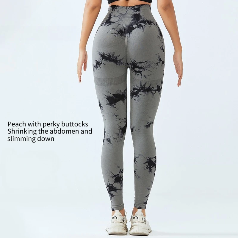 กางเกงโยคะลายพีชไท-ไดสำหรับผู้หญิง เอวสูง กระชับสัดส่วน ยกสะโพก กางเกงฟิตเนสไร้ตะเข็บ กระชับรูปร่าง