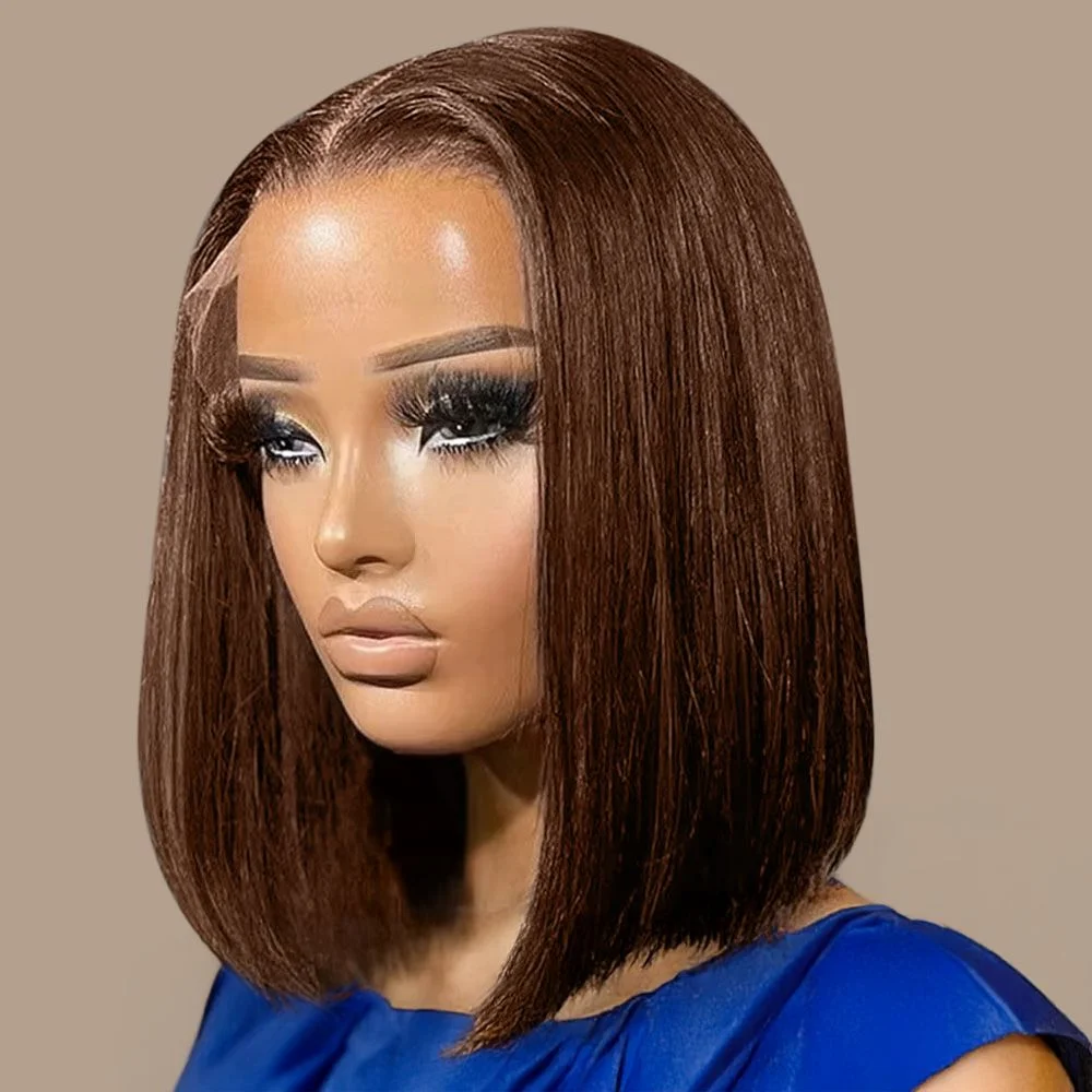 

Straight Chocolate Brown Colored Lace Front Wigs 13x4 Frontal Lace Wig Human Hair Short Bob Wigs For Women