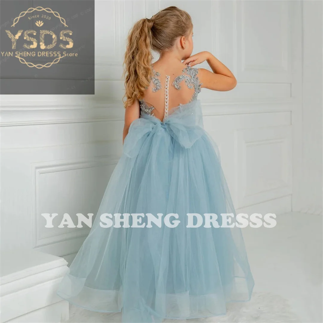 Light Blue Tulle Flower Girl Dress Beaded Sleeveless Appqulies Backless Ball Gown For Wedding Party Kids Birthday Pageant Dress