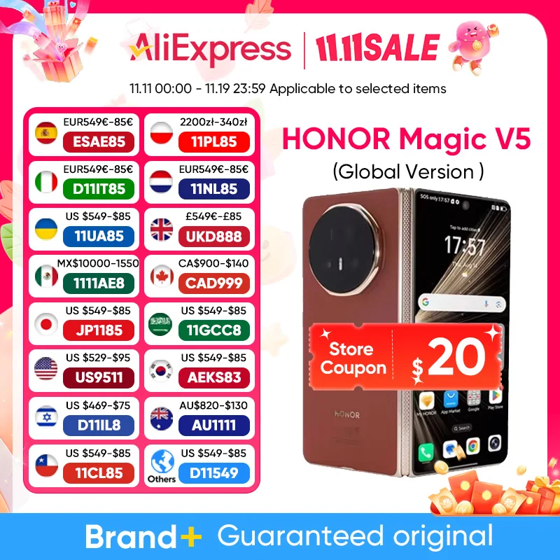 【Brand+】HONOR Magic V5, глобальная версия, 5G, складной OLED-дисплей LTPO, 120 Гц, 7,92 дюйма, 50-мегапиксельная камера, Snapdragon 8 Elite, 5820 мАч, 66 Вт