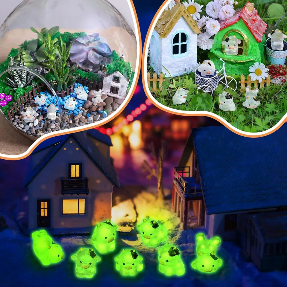 24Pcs Mini Luminous Cow Figurines Resin Tiny Resin Cow Animals Resin Figures Outdoor Garden Decor