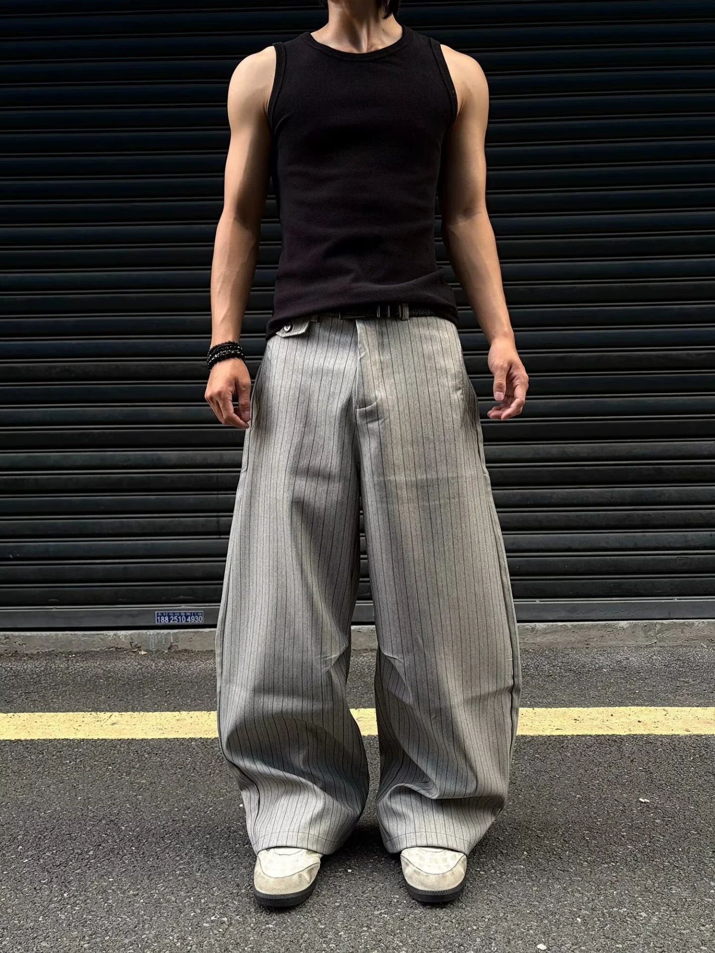 American Grey Vertical Stripe Wide Leg West Pants Men Women High Relaxing Loose Fit Retro Casual Long Trousers
