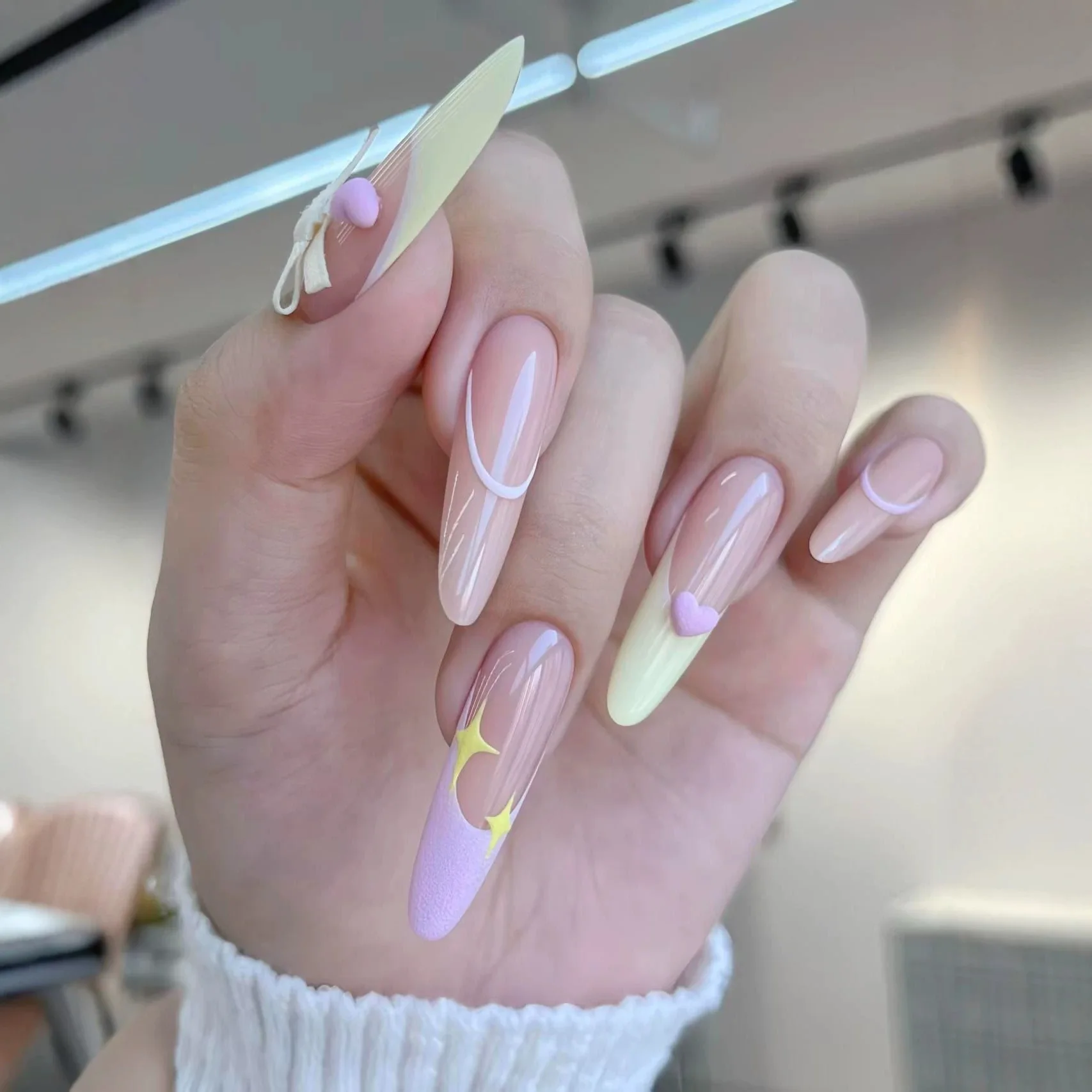 10pcsHandmade Long Stiletto Press On Nails Star Heart Butterfly Knot French Design Sweet Gentle Fake Nails Wearable Nail Art Tip