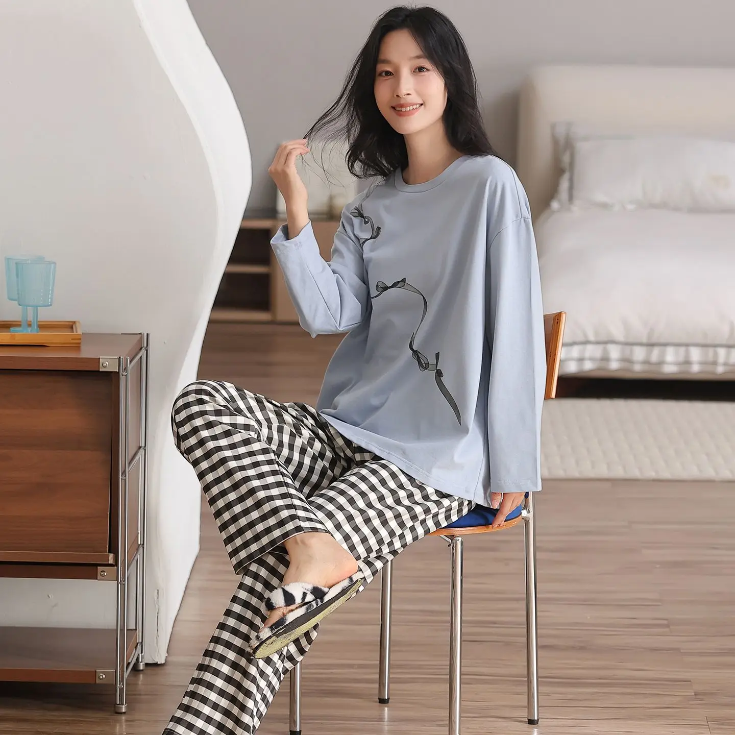 أطقم بيجامات قطنية 100% بأكمام طويلة لربيع وخريف 2026 للنساء ملابس نوم كورية لطيفة ملابس منزلية بيجاما موهير ملابس منزلية