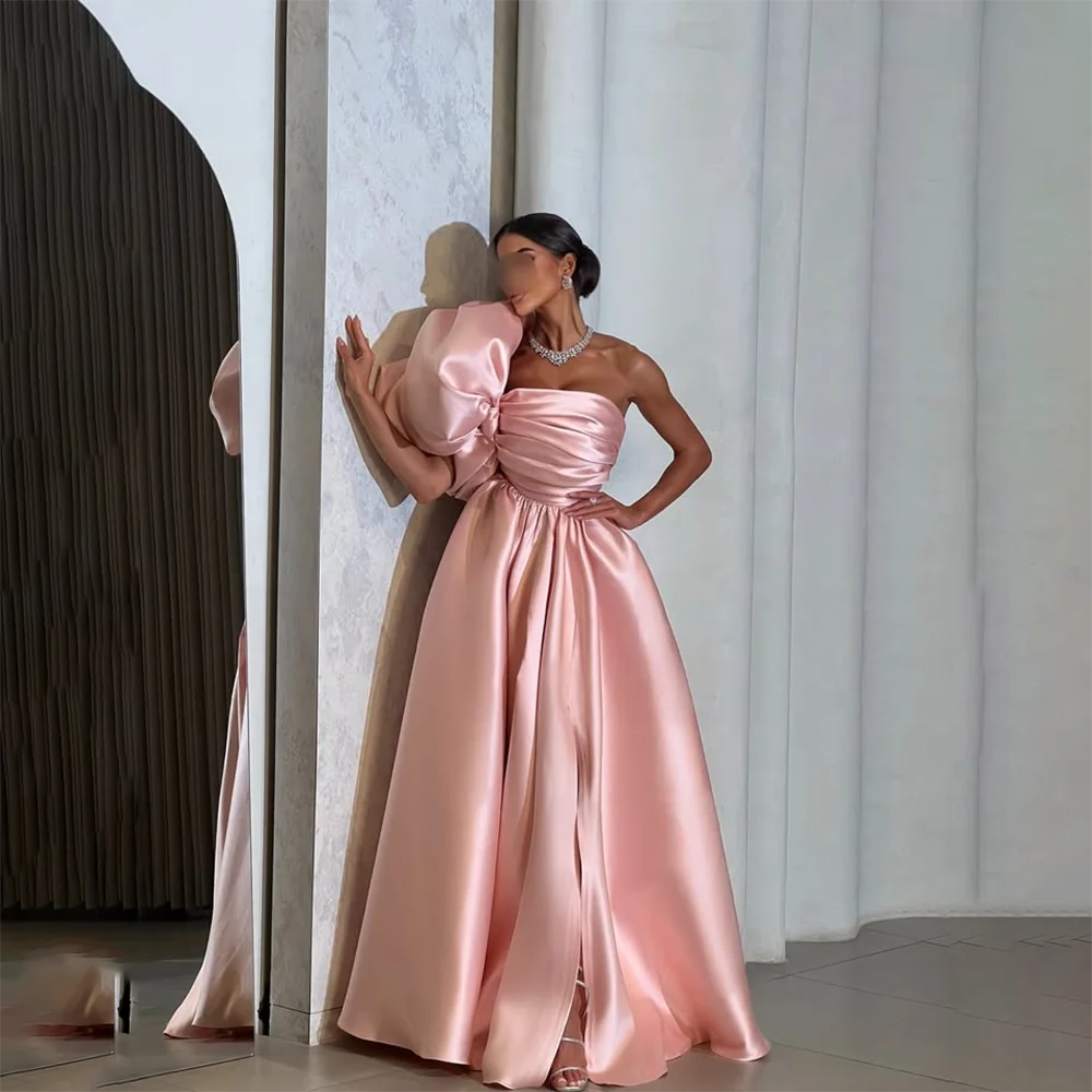 

Pink Evening Dress Customized Elegant One Shoulder Pleat Satin A Line Long Prom Dresses Slit Floor Length Formal Party Gown 2025