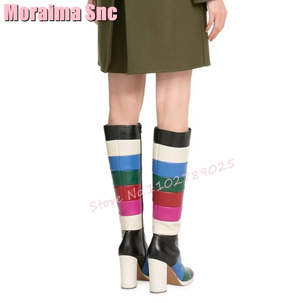 Rainbow Mixed Colors Knee High Boots Side Zipper Block Chunky Heel Women Long Boots Fashion Autumn Winter Outdoor New Arrivals