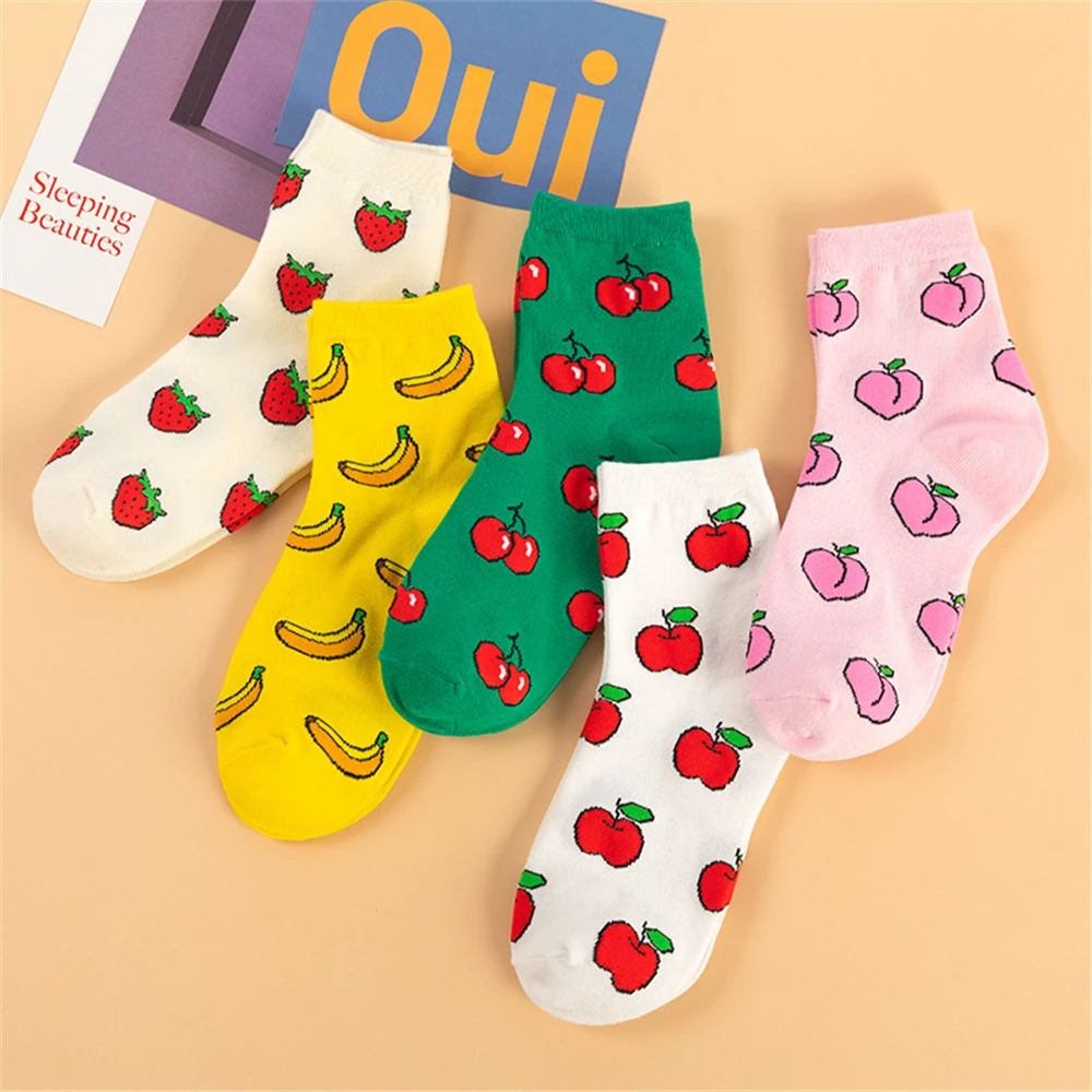 Creative Funny Cotton Women Socks Happy Fruit Peach Strawberry Banana Cherry Apple Cute Bright Color Hipster Sokken Dropship