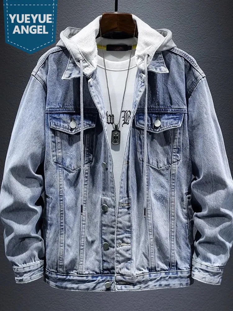 Mens Autumn Casual Hooded Denim Jacket Single Breasted Pockets Safari Style Cargo Coat Streetwear Hip Hop Man Cowboy Jackets Cap