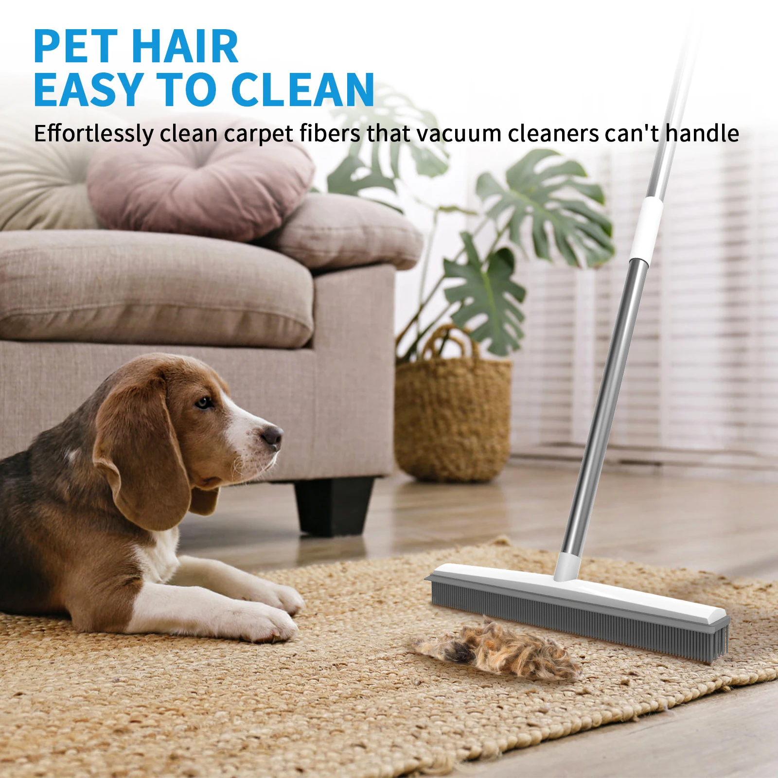 مكنسة ومكشطة مطاطية 2 في 1، مزيل شعر الحيوانات الأليفة من السيليكون للسجاد/الأرضيات الصلبة، مكنسة بمقبض طويل للبلاط/النافذ