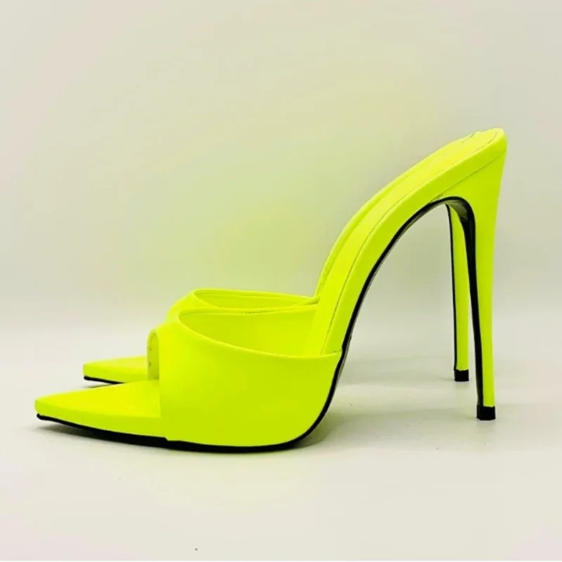 Candy Colors Pointy Toe Women Slippers Fabric Cloth Slip On Stiletto High Heels Female Sandals Yellow Blue Stretch Banquet Shoes