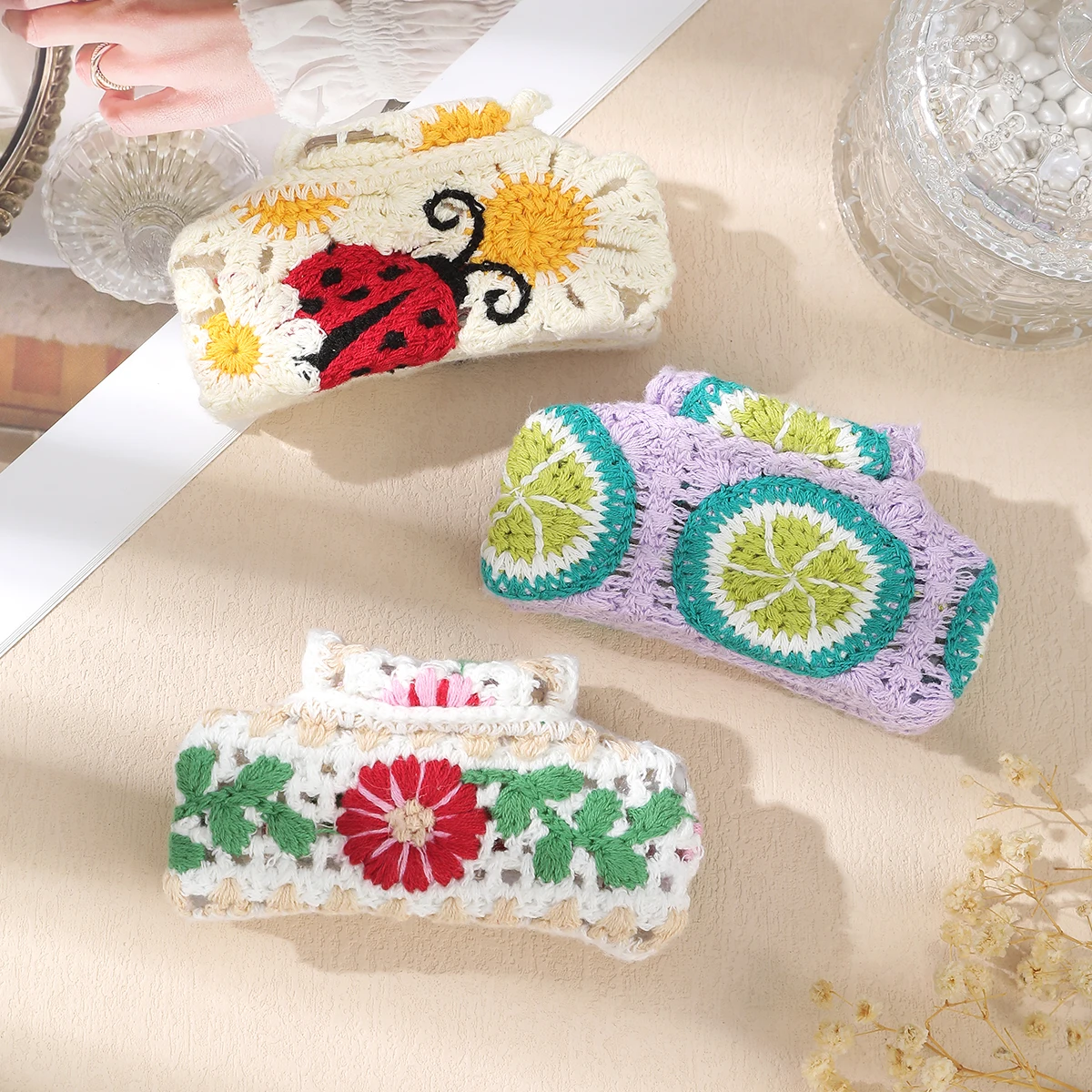 AWAYTR الكروشيه نمط النسيج الزهور مشبك شعر كليب الأزهار مشبك شعر مخلب التصفيق دبوس الشعر الفتيات النساء الكورية إكسسوارات الشعر