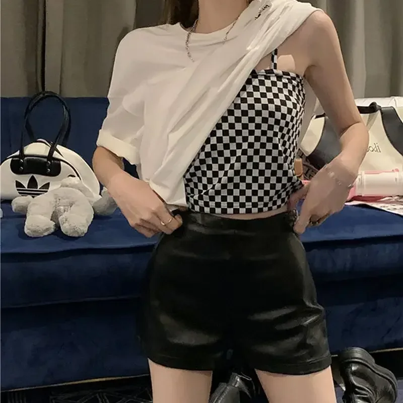 2025 Heart Hollowed Out Top Women New Loose Printed Plaid Korean Solid O-neck Oversized T-Shirt Halter T-shirt Two-piece Set