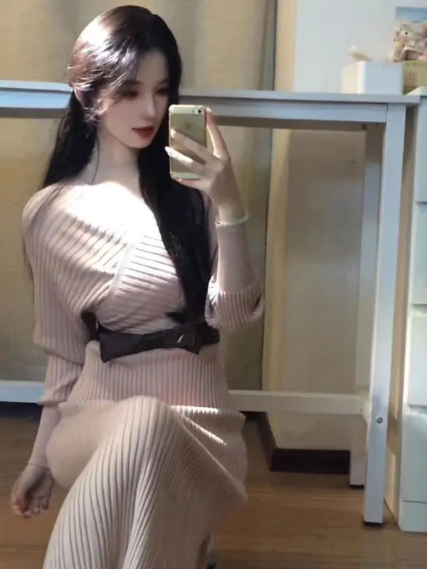 

Sexy Pure Desire V-ne Knot Waist-cinched Bodycon Long Dr Gentle Knitted Dr Mid-length Autumn Cotton Dr