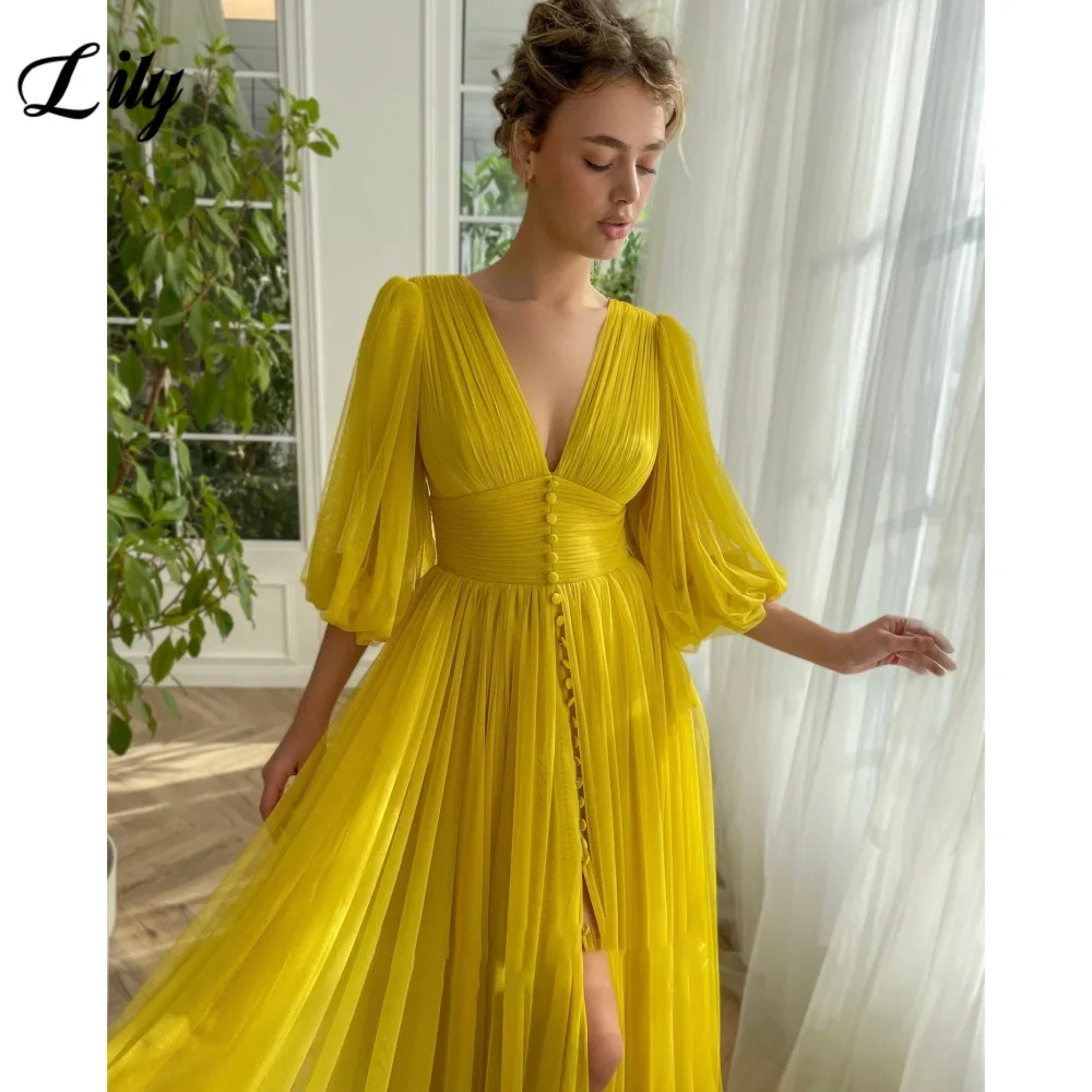 Lily Yellow Deep V-neck Prom Dress for Woman Tulle Three Quarter Sleeves Beach Wedding Dresses High Split Backless Prom Gown