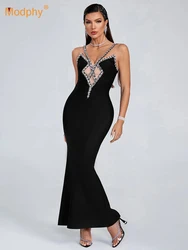 Modphy Ladies Crystal paillettes Bead Spaghetti Strap Backless Design Maxi Bandage Dress Celebrity Evening Club abito Sexy senza maniche