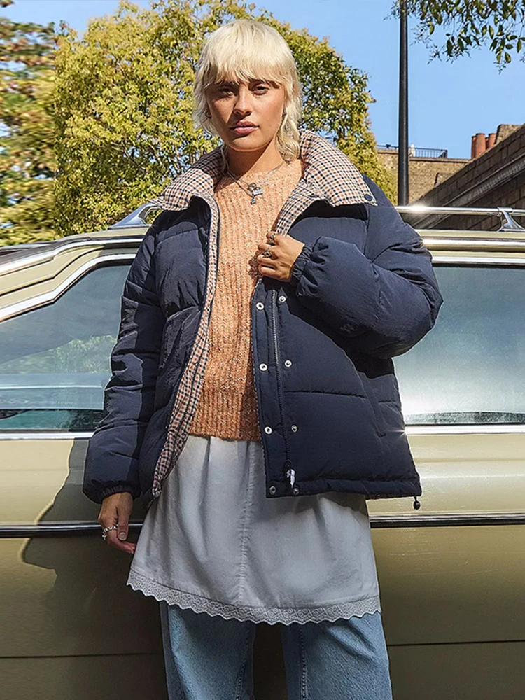 

Cute Women's Plaid Padded Jacket Lapel Cotton Coat Winter Warm Oversized Full Sleeve Checked Outerwear 2025 High Street Outfit