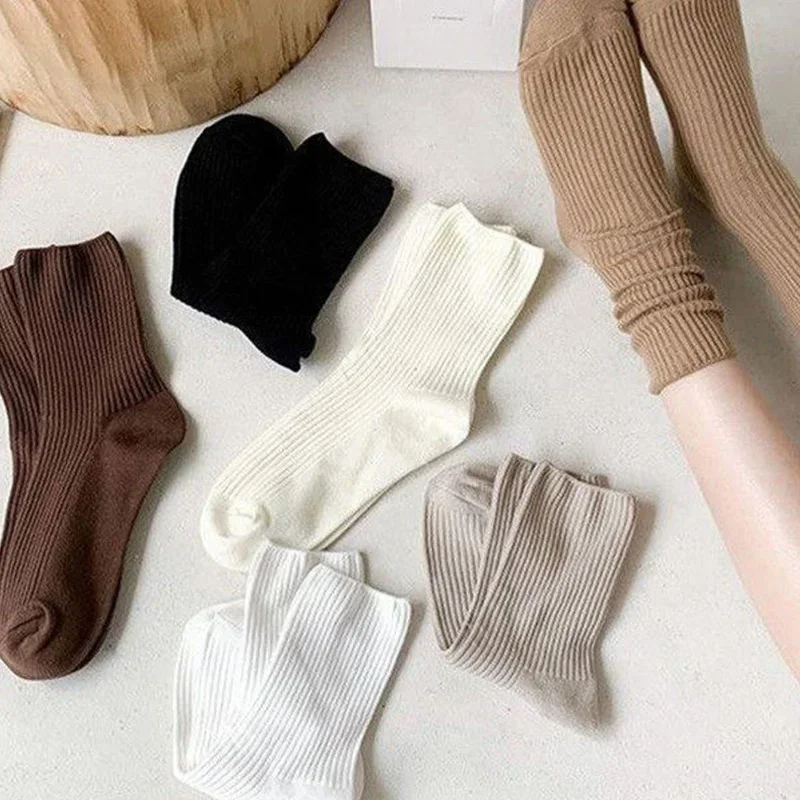 6 Pairs of Women's Spring and Autumn New Vertical Striped Stockings Brown Two-pin Drawstring Pile Socks