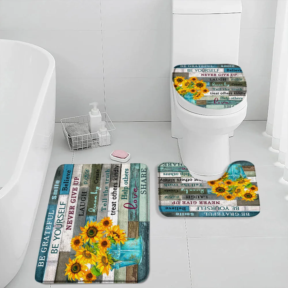 Rustic Farmhouse Floral Bath Mat Set Inspirational Words Butterfly Daisy Wildflower Sunflower Flower Bath Rug Toilet Lid Cover