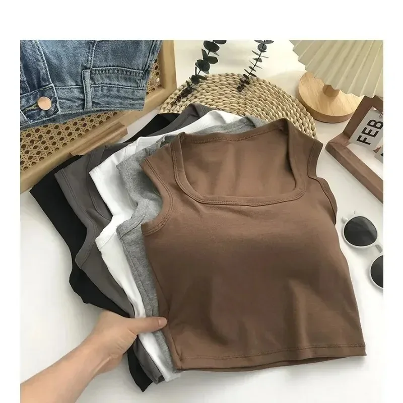 Summer Women Square Neck Sleeveless Camisole with Padding Sexy Solid Color Tank Top Low-Collar Breathable Casual Tops for Female