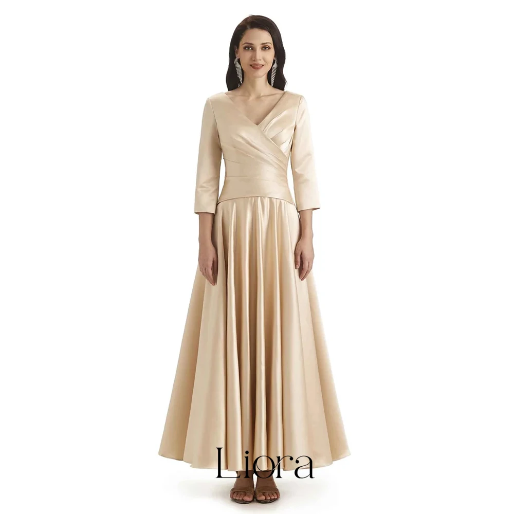 Liora Customized Elegant Soft Satin Maxi Mother of The Bride Dresses Long Sleeves V-Neck Ankle-Length Wedding Guest Dress