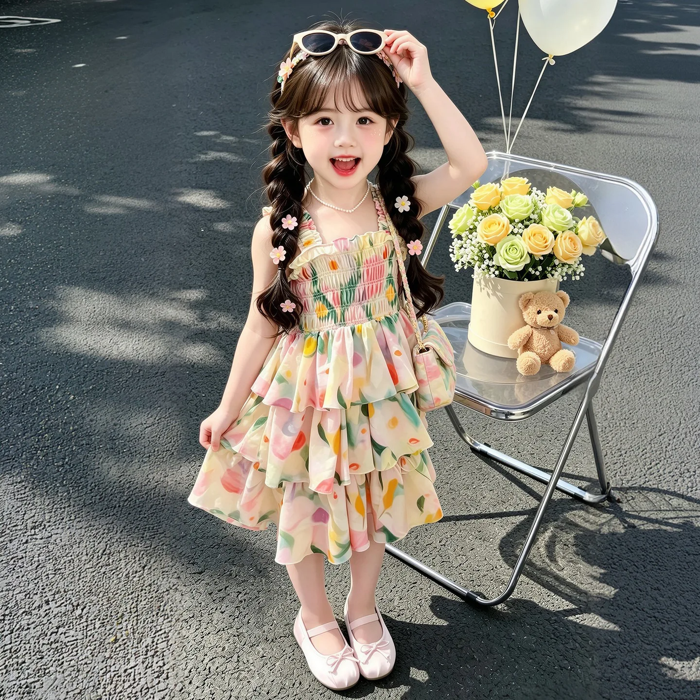 Girls Strapless Dress Summer 2026 New Kids Thin Stylish Princess Dress Baby Girl Floral Skirt