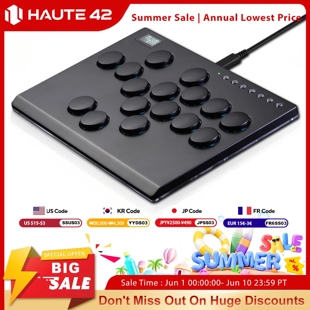Haute42 M16 Aluminiumlegierung Hebelloser Hitbox-Controller Stickloser Arcade-Controller für PC/PS4/PS5 Fightstick Stickloser Hitbox