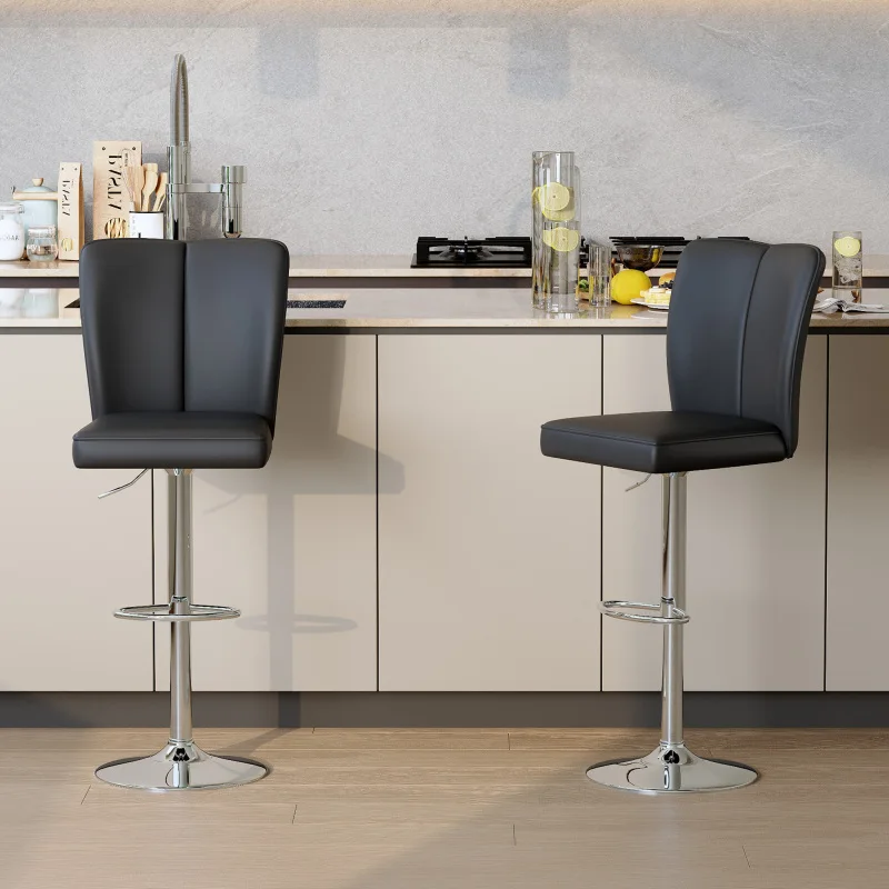 

Modern Black PU Bar Stool Set - 2-Piece, featuring vertical and smooth-lined backrests with trumpet-shaped silver metal legs.