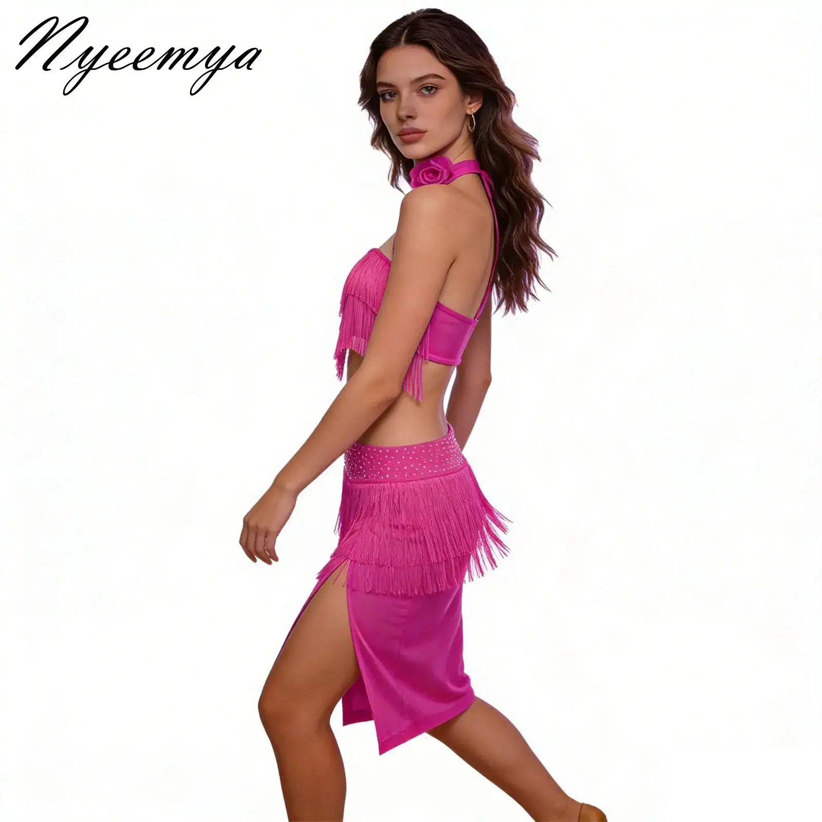 

Women Modern Lyrical Dance Performance Costume 3D Flower Applique Crop Top Skirt Tassel Belly Dance Salsa Prom Clothes Outfits