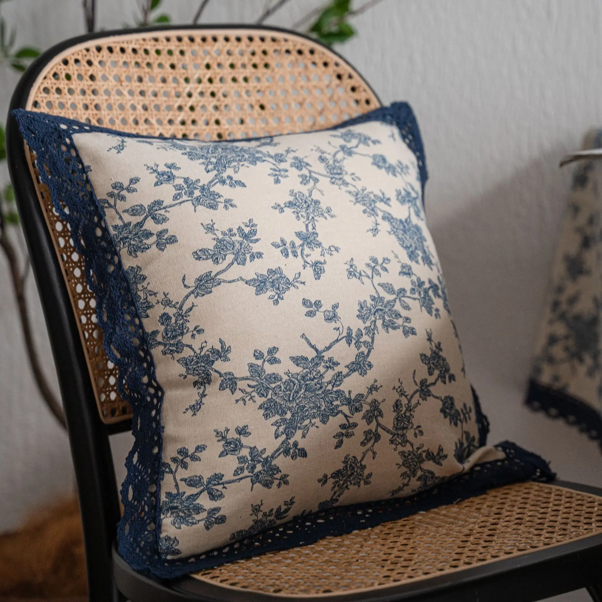 Linen Cotton Tablecloth with Lace, Rectangular Dining Table Cover, Tea Table Cloth, Blue Rose Printing, Pastoral