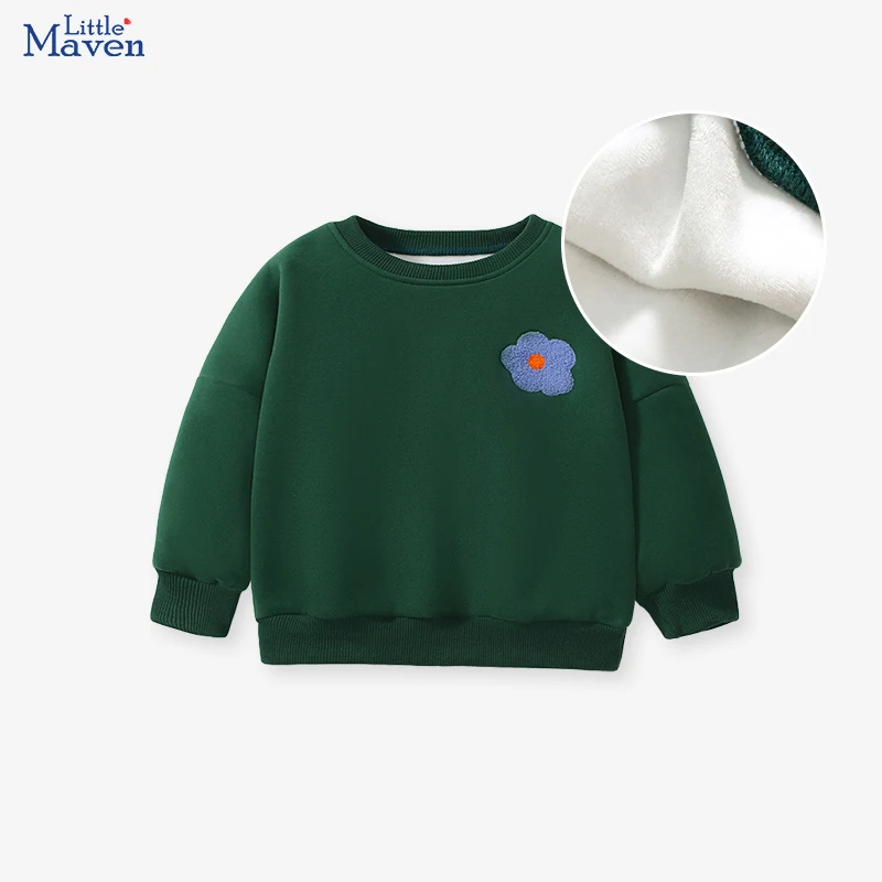 Little Maven Green Tops Hoodies Winter Kids Clothes Baby Girls Warm Fleece Outerwear Cartoon Flowers Sweatshirt Autumn