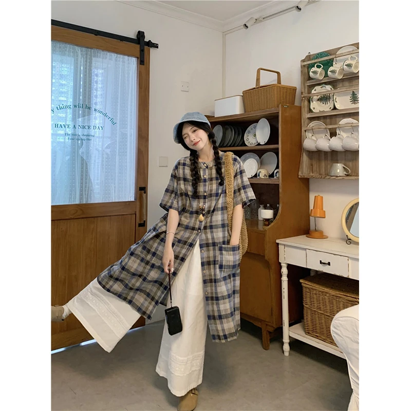 

MEXZT Vintage Plaid Midi Dress Women Japanese Harajuku Cotton Linen Shirt Dresses Summer Korean Short Sleeve Casual Vestidos New
