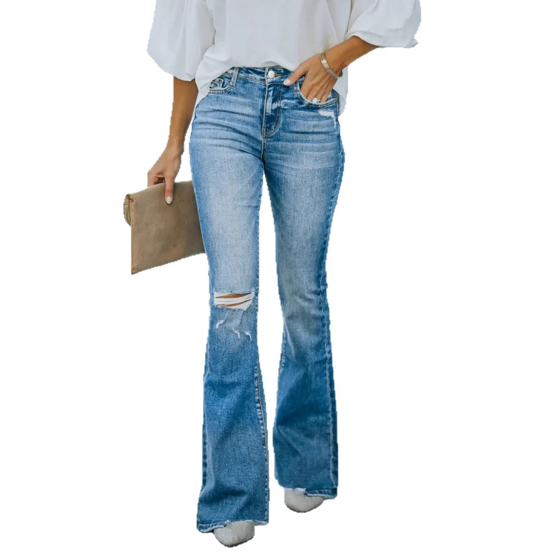 Women's New Stretch Ripped Frayed Flared Jeans Washed Elegant Pants