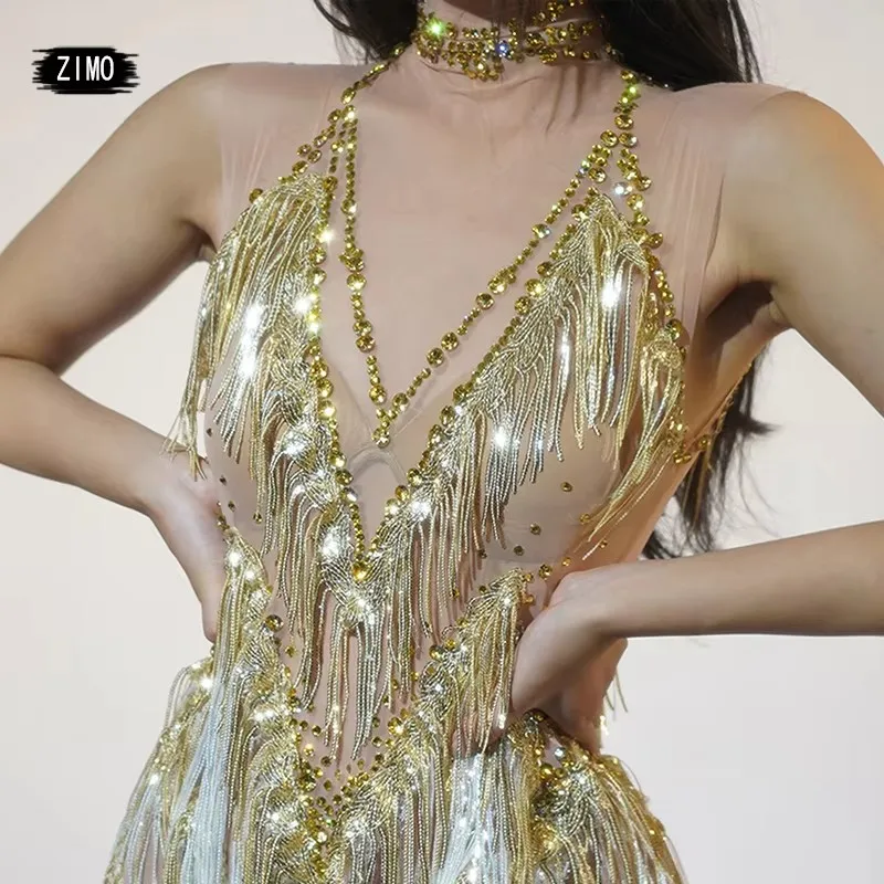 Body Sexy con flecos y lentejuelas y diamantes de imitación para mujer, traje de espectáculo en escenario con perspectiva de malla para fiesta de baile latino, trajes de drag queen para club