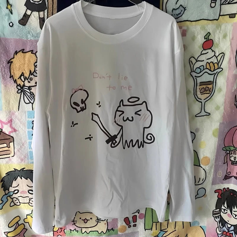 T-shirt à manches longues pour femmes, ample et décontracté, blanc, imprimé chat esprit de combat japonais, Harajuku Kawaii, vêtements surdimensionnés, automne